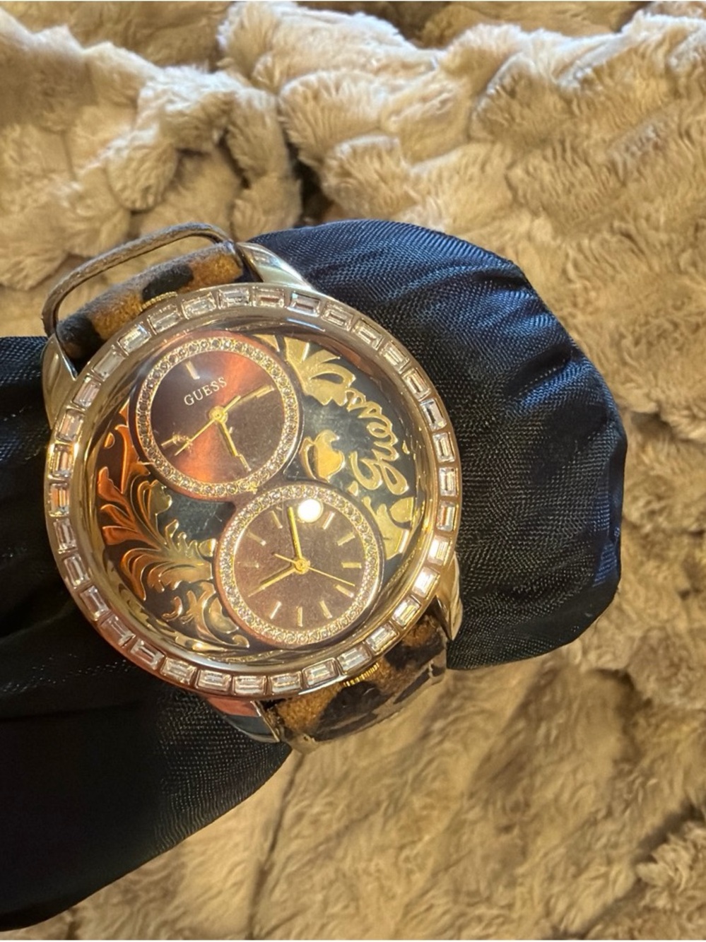 GUESS Gold-Tone Dual Dial Watch with Brown Patterned Strap